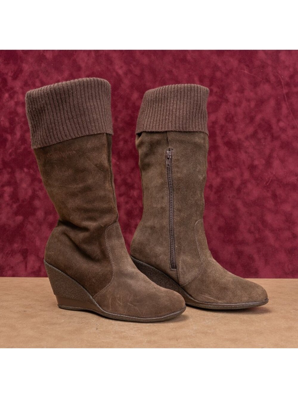 Bata Women Vintage Y2K Brown Suede Slouchy Sweater Cuff Zip Boots 10US EUR40